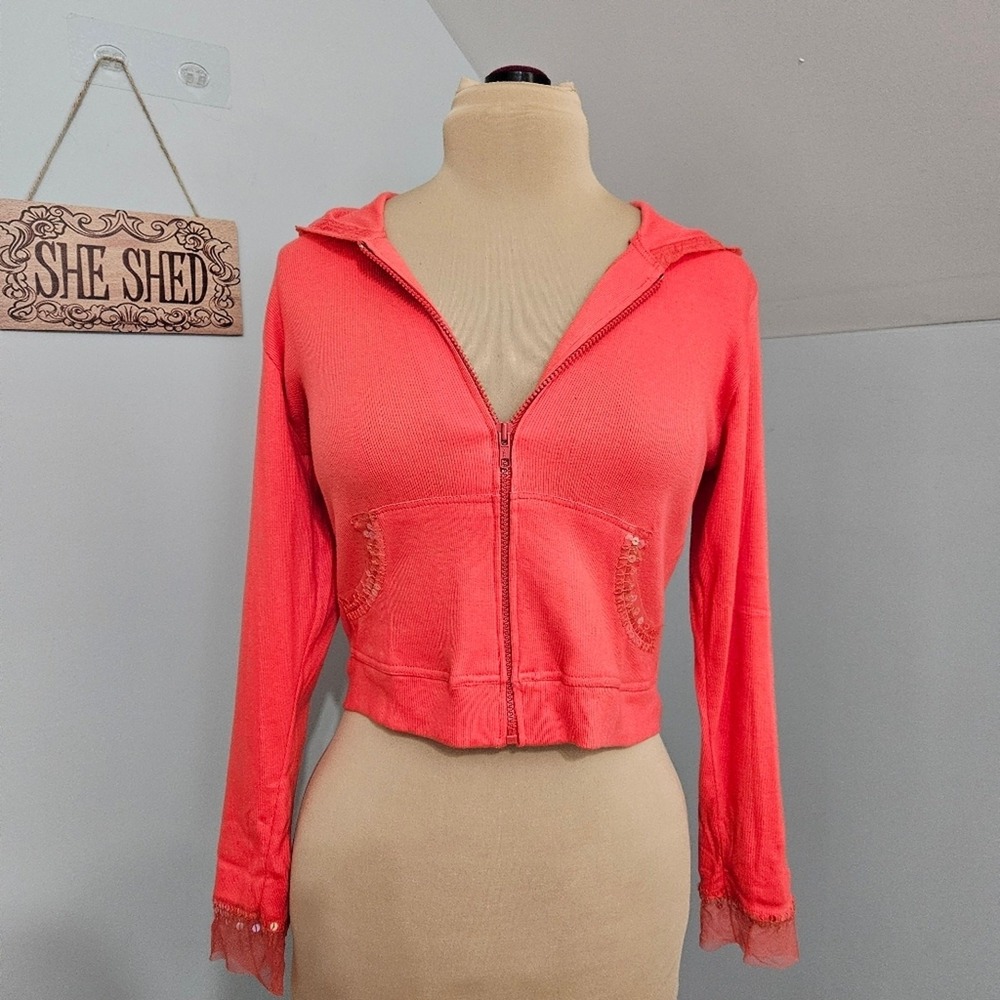 Haven Bleu Coral Zip Front Hoodie Medium Sequined Mesh Jacket Cropped Fit - Picture 3 of 16